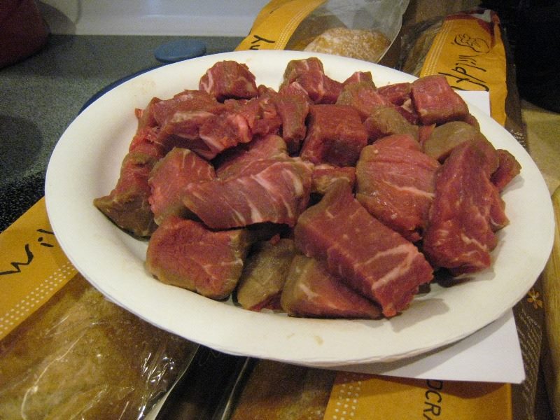 Plate of beef filet cut in chunks