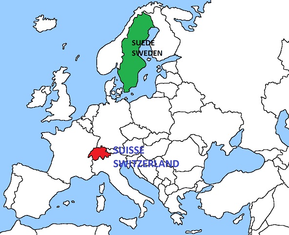 Map of Europe showing Switzerland and Sweden
